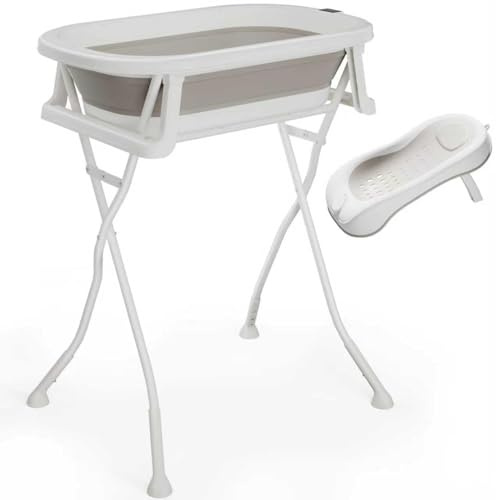 DEANIC Vikbart babybadkar 0–18 månader, babybadkar, babybadkar, babybadkar med ergonomisk badsits, badtermometer, babybadkar för nyfödd, ljusgrå med stativ