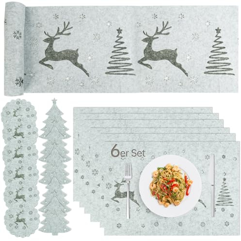 CSLGDMAI 19 Stück Weihnachts Tischset– Filz Platzsets Weihnachten mit Tischläufer, Untersetzer und Bestecktaschen – Stilvolle Weihnachtsdeko Tisch für Esstisch, Küche oder Wohnzimmer (Grau)