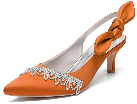 KYEGLO Scarpe con Punta Affusolata in Raso da Donna - Punta Chiusa Tacco Basso Sandali con Cristalli, Scarpe con Tacco da Donna per Ballo di Fine Anno, Matrimonio,Arancia,38