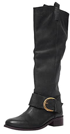 Stivali da equitazione da donna, alla moda, alti al ginocchio, con tacco spesso, in pelle, stivali con tacco alto e largo, Nero , 39.5 EU