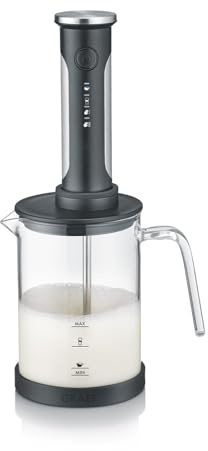 GRAEF kabelloser Milchaufschäumer MS202EU Schwarz, Rühren, Schäumen & Mixen, Glas-Milchkännchen, einfache intuitive Ein-Tasten-Bedienung, 4 Funktionen, leicht bedienbar mit einer Taste | Ideal zum Rühren, Schäumen und Mixen, Glas-Milchkännchen, Ein-Tasten-Bedienung, 4 Funktionen