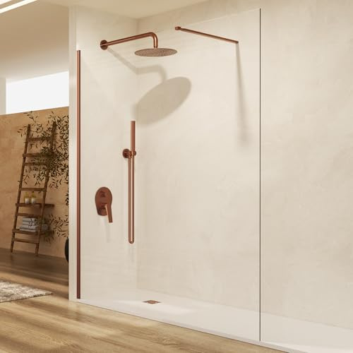 IMEX - Mampara Ducha Fija Oro Rosa 90cm Frontal con Brazo de Sujeción | Mampara de Cristal Antical y Perfilería de Aluminio con 195cm de Altura | Vidrio con Grosor 6mm y Sistema de Montaje Fácil