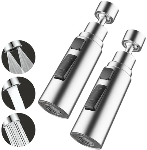 2 Pcs Kitchen Tap Spray Head, 360° Swivel Faucet Extender, 3 Function Kitchen Tap Spray Head Attachment, Tap Adapter Accessories (Silver)