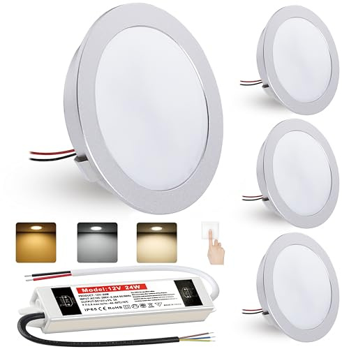 LED Einbaustrahler 4W Warmweiß Neutralweiß Kaltweiß Led Spot 12V Dimmbar einbaustrahler LED Lochmaß 60mm und 12mm Flach,IP44 Deckenspot Einbauspots für Wohnwagen Küche,mit 230V trafo,4er set (Silber)