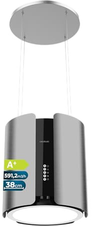 Cecotec Hotte Aspirante d'Îlot Ronde 38 cm Bolero Flux CRE 385500 Inox A+. Aspiration 591,2 m³/h, Commande par Boutons Électroniques, Filtre à Charbon, Classe A+, Moteur DC