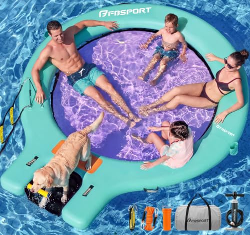 Piattaforma Galleggiante Gonfiabile Sunchill 240 cm per 3-5 Persone con Rampa per Cani, Isola Gonfiabile Rotonda con Scaletta Rimovibile, Portabicchieri, Pompa ad Aria e Borsa per Piscina, Lago e Mare