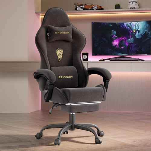 Verdego Gaming Stuhl Ergonomisch, Gaming Chair mit Massagefunktion, Fußstütze, Gamingstuhl Samt, Höhenverstellbar, Gamer Stuhl Verstellbare Rückenlehne 90-125°, Linkage Armlehnen (Schwarz)