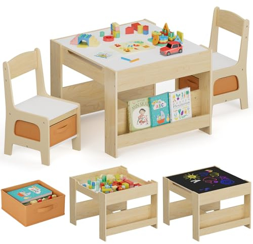 MAMIZO Tavolo per bambinicon 2 PCS sedie, 3 in 1 Set tavolo e sedie, Mobili in legno per bambini con contenitori e librerie, Tavolo da gioco e attività,Tavolo da disegno,3-7 ann,Colore venatura legno