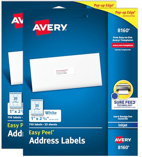 Avery Easy Peel Printable Address Labels with Sure Feed, 1 x 2-5/8 Customizable Stickers, White, 1,500 Blank Mailing Labels, Great for Mailing, Shipping, and More (2-Pack of 08160)