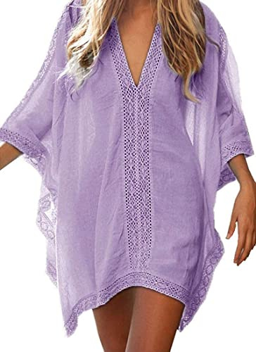 Walant Robe de Plage pour Femmes V-Cou Bikini Cache-Maillots Taille Unique Coton mélangé Dentelle Chemise Robe Couvrir Beach Maillots de Bain Cover Up, A-pourpre, Taille unique
