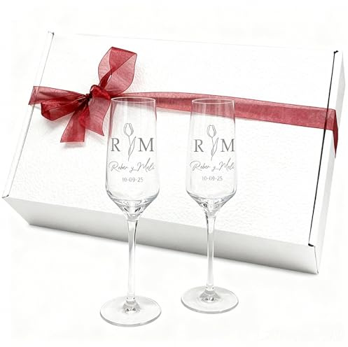 Curia Grabador Copas de Boda Grabadas para Novios – Copas de Champán con Nombre y Fecha para Brindis – Regalo para Recién Casados – Copas Personalizadas para Boda
