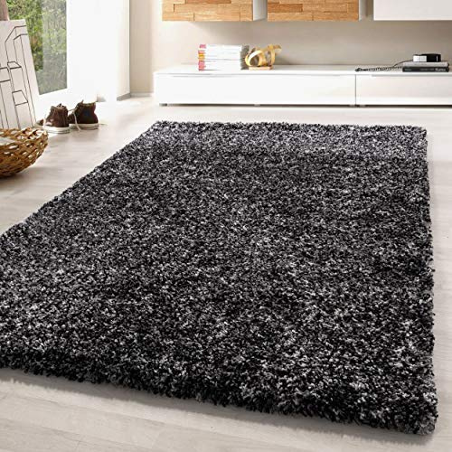 SIMPEX Hochflor Teppich 200x290 cm Anthrazit Großer Shaggy Teppich, Flauschig & Pflegeleicht, Meliertes Design, Jute-Rücken Für Wohnzimmer & Schlafzimmer