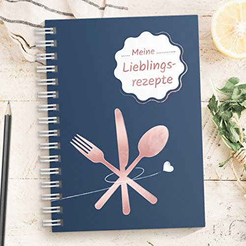 Kipitan DIY Rezeptbuch zum selberschreiben: DIN A5, 70 Seiten, Blau/Rosé | Modernes Kochbuch selbstgestalten, Inhaltsverzeichnis, Register & Schutzfolie, für 33 Rezepte - Made in Germany