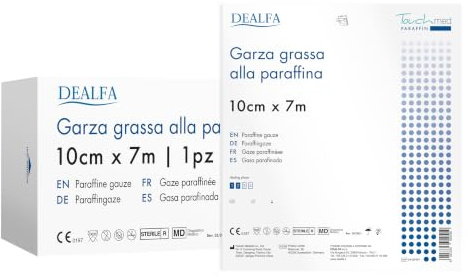 TOUCHMED Medicazione Sterile di Garza Grassa alla Paraffina - Rotolo cm 10x7 mt - 100% Puro Cotone - Favorisce il Naturale Processo di Guarigione della Ferita - Confezione singola da 1 Busta