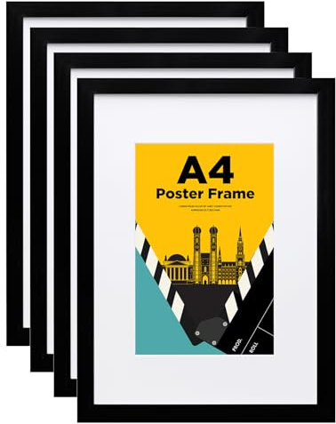 Egofine Bilderrahmen A4, Holzrahmen Rahmen mit Acrylglas, 21x29.7cm Posterrahmen für Tisch- und Wandmontage,Passepartout für Fotos DIN A5, Perfekt für Fotos,Poster,Puzzles,Zuhause, Büro,Schwarz,4er