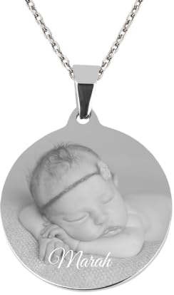 UHRENWELT Fotogravur Anhänger rund mit Kette und eigener Gravur Namen und Datum/Bildgravur mit Wunschgravur/Farben: Silber/Gold/Roségold