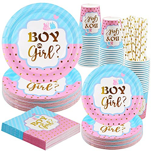 HusDow 100 Stück Baby Shower Gender Reveal Pappteller,20 Gäste Gender Reveal Partygeschirr Pappbecher Servietten Papier Strohhalme für Babyparty