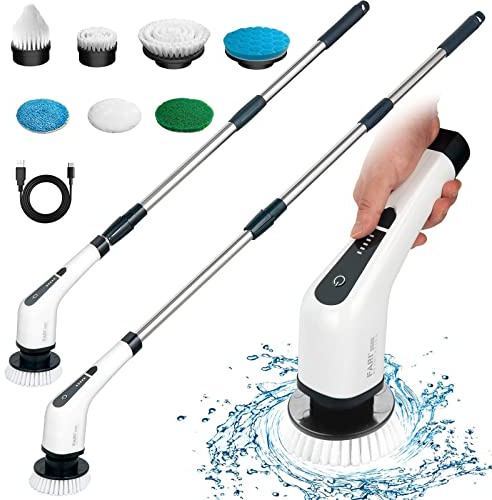 Brosse de Nettoyage électrique sans Fil avec 7 têtes de Brosse remplaçables, FARI Baignoire et carrelage Vadrouille à récurer électrique avec poignée réglable pour Salle de Bain, Cuisine (Blanc)
