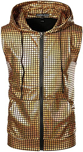 PARKLEES Herren Hipster Metallic Pailletten Reißverschluss Ärmellos Kapuzenweste T-Shirt mit Kängurutasche