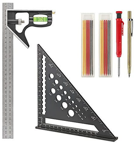 Kombinationswinkel 300 mm, Zimmermannswinkel 180 mm, Tischler Bleistifte Set[Bleistift+12Minen+Anreißnadel] - Multifunktional Dreieckslineal Schreinerwinkel Set zum Messen und Markieren