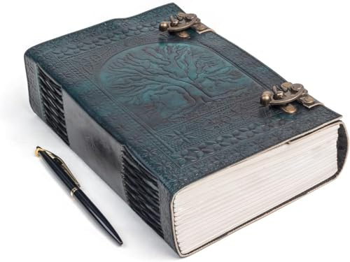 TUZECH Handgefertigtes großes Leder-Tagebuch, 600 Seiten, geprägt, Baum des Lebens, Buch der Schatten, Notizbuch, 7 Chakra, Grimoire, Skizzenbuch, 17,8 x 25,4 cm, Lederbindung (grün)