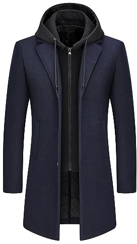 KUDMOL Men's Wool Blend Winter Coat Long Hooded Casual Padded Overcoat | Detachable Hood, Single-Breasted Wool Blend Overcoat with Side Pockets, Casual Business Warm Outerwear for Autumn Winter