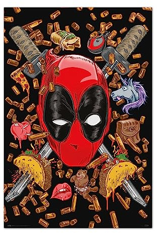 Marvel Deadpool Poster Bullets and Chimichangas | Poster Deko Wohnzimmer oder Deko Schlafzimmer - Deko Zimmer - Größe 61 x 91,5 cm - Marvel Fanartikel Offizielle Lizenz