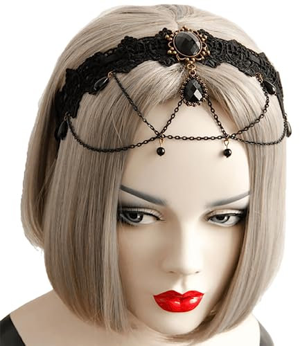 Damen Exotische Stirnkette Gothic Lolita Schwarz Spitze Kopfteil Kopfband Kopfbedeckung Modeschmuck