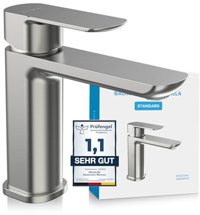 Bächlein Badarmatur Mizarela in klassischem Design, Einhebelmischer mit langlebiger Keramikkartusche und Montage-Set, Bad Wasserhahn Edelstahl gebürstet - flacher Auslauf