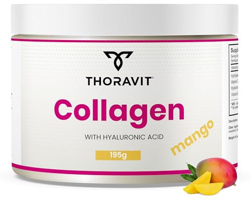 THORAVIT Collagen Hydrolysat Peptid - 5000mg Hochkonzentriertes Collagen Pulver mit Vitamin C (1000mg) & E (12mg), Hyaluronsäure (100mg) - Haut, Haar, Nagel & Gelenkunterstützung - Mango-Geschmack