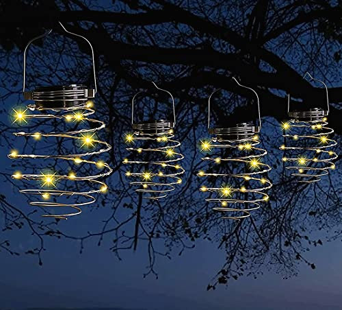 Lot de 4 lanternes solaires en spirale, lanternes créatives à suspendre avec poignée, lampes solaires décoratives pour jardin, patio, cour, porche, chemin