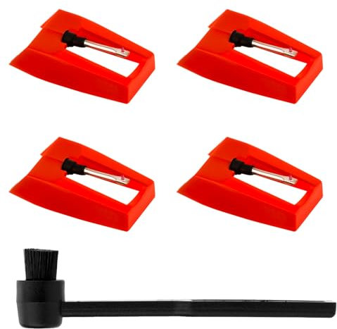 4pcs Aiguille Tourne Disque et Brosse de Nettoyage, Saphir Platine Vinyle Diamant Platine Vinyle Stylet Aiguille Accessoires pour Crosley Victrola ION Tourne Disque LP Phonographe (Rouge)