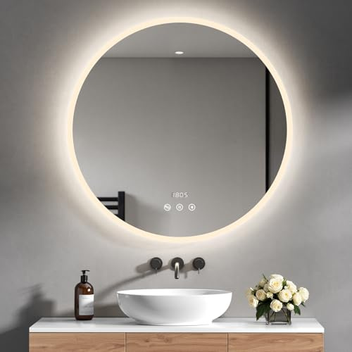 Heilmetz Badspiegel mit Beleuchtung Rund 80cm, LED Badezimmerspiegel mit Bluetooth, Uhr, Antibeschlag, Touch, 4300K Warmweiß Licht, Spiegel mit Beleuchtung für Bad