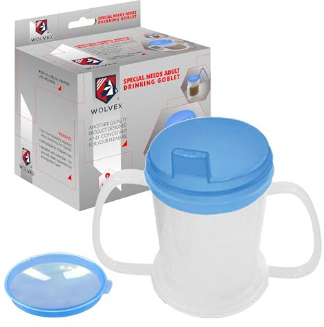 Wolvex 350ML Adult Drinking Cup with Comfortable Round Handle, 2 Style Lids, and Anti-Spill Features - Ideal Beaker for Disabled Adults, Dishwasher & Microwave Safe, Lightweight, BPA-Free Sippy (Blue)