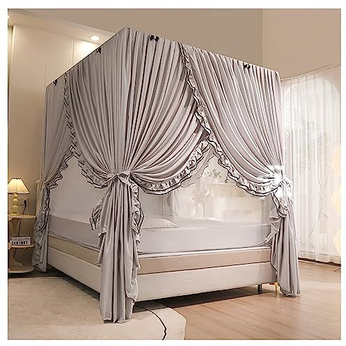Prinzessin Bettnetz-Baldachin für Mädchen, Moskitonetz, Bettrahmen, Vorhanghalterungen, 4 Ecken, Pfosten, Bettvorhang, Baldachin für Schlafzimmer-Dekoration, Grau, Queen