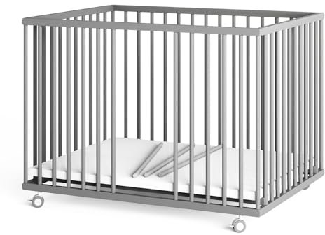 Sämann Laufstall Baby 75x100 cm mit Matratze und 3 Schlupfsprossen | TÜV geprüft 2024 | stufenlos höhenverstellbar | Laufgitter Premium | Babybett aus Holz | Krabbelgitter grau