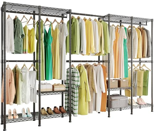 Higeego H5 Pro Heavy Duty Garment Rack, Freestanding Clothes Rack, Wardrobe Closet for Hanging Clothes, Portable Closet Organizer with Expandable Hanger Rods, (97.7-115.4)L x 15.7W x 75.4H, Black