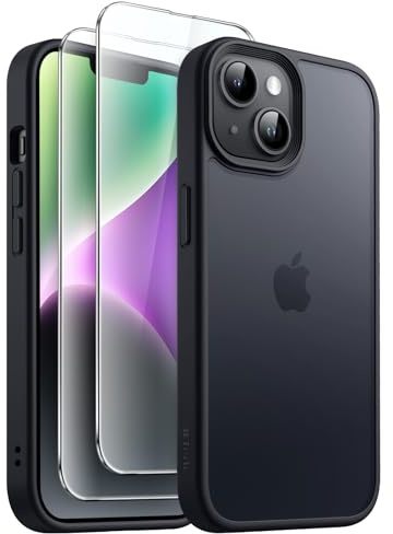 JETech 3-in-1 Matte Hülle für iPhone 14, Schwarz | 2 Gehärtete Glas Schutzfolien, Matte Transluzent Handyhülle