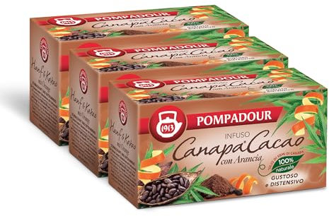 Pompadour, Infuso Canapa Cacao con Arancia, 60 Filtri (3 Confezioni da 20 Filtri), Gustoso e Distensivo, con Olio di Semi di Canapa, Senza Lattosio, Glutine e Allergeni, Vegan
