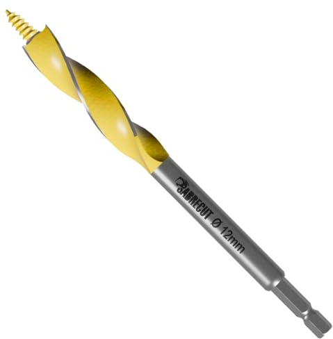 1 x SabreCut SCAG012 12mm x 165mm Wood Auger Quad Flute Self Feed Tip Grooved Hex Shank Drill Bit for High Speed Drilling in Wood and MDF