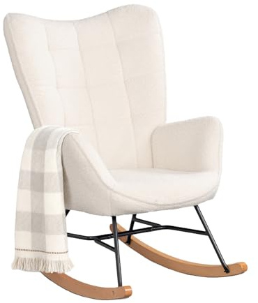 MEUBLE COSY Gungstol amning, skandinavisk gungstol fritidsstol tygklädsel med massiva träben för vardagsrum, sovrum, balkong, Sherpa-beige, 84 x 68 x 99 cm