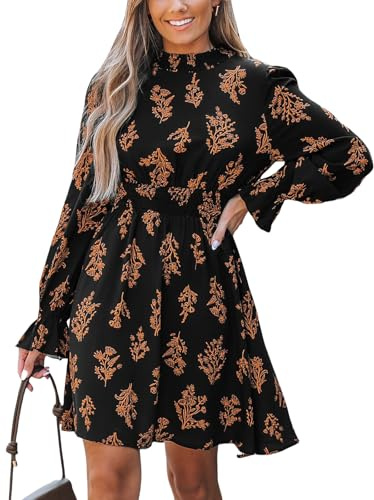 CUPSHE Mini abito autunnale floreale da donna con collo a lupetto con maniche lunghe a volant elastico in vita punto smock casual fluidi mini abiti, Motivo floreale nero., L