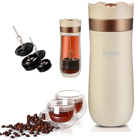 Cafetera Portátil Prensa Termo Cafetera Presión Manual, Prensa de Café Caliente/frío con Filtro único, Botella de Camping Al Aire, Cafetera Portátil de Viaje de Prensa Francesa (Blanco lechoso)