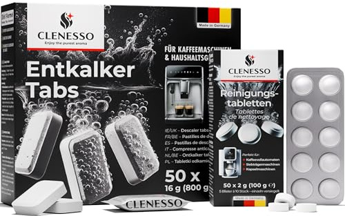 CLENESSO Pflegeset Reinigungstabletten für Kaffeevollautomaten + Entkalkungstabletten (je 50 Stück) – für optimale Pflege und Entkalkung – kompatibel mit Siemens, Jura, Krups, Miele uvm.
