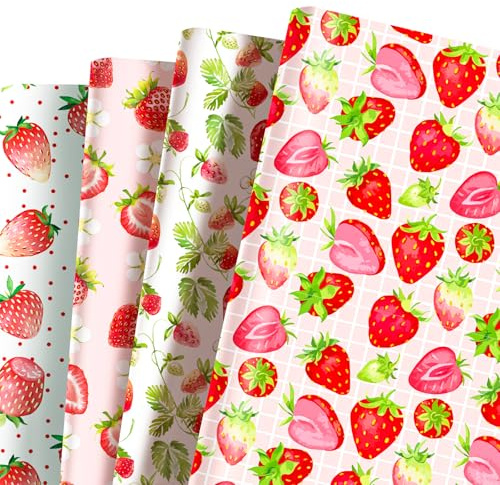 MORAINJAY 12 Hojas de Papel de Regalo Tema Fresa, Papel Rosa y Rojo para Regalos, Envuelvo Bonito para Cumpleaños de Niña, Decoración de Cumpleaños con Frutas, 68cm x 50cm