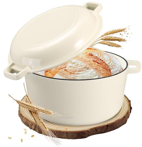 NSIRONS Pentola in ghisa per pane, arrosto con coperchio, pentola smaltata 2 in 1, ideale per il pane da 26 cm, pentola per il pane, pentola per il pane, pentola in ghisa per tutti i piani cottura