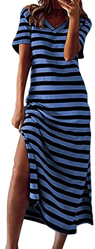 Robe d'été longue rayée pour femme - Robe maxi d'été - Manches courtes - Col en V - Rayures - Tunique avec fente - Robe décontractée - Robe décontractée - Robe de plage - Robe de loisirs, bleu, M