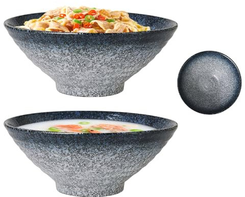 2×1200 ML Keramik Geschirrset Große Ramen Schüssel Set, Bowl Schüssel, Salatschüssel Suppenschüsseln für Dessert, Müsli, Nudel, Porridge, Blau (20 * 8cm), Geschirrspüler und Mikrowelle Safe BPA frei
