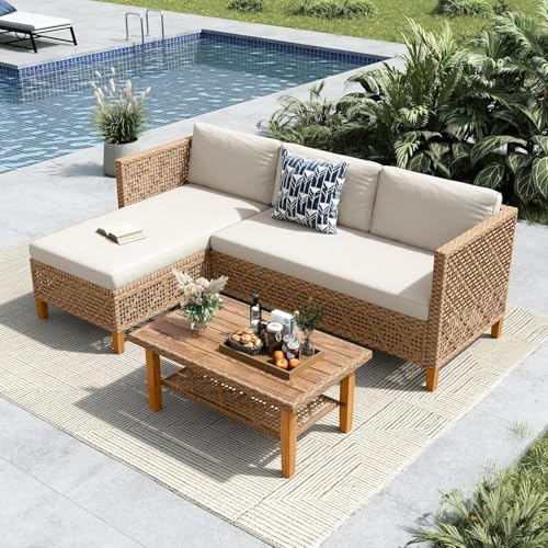 MFSTUDIO Rattan Gartenmöbel Set mit Outdoor-Couchtisch,Gartenlounge Outdoor | Handgewebtes Rattan, Beine aus Akazienholz, Tisch aus Polywood, Wetterfest,Doppel-Couchtisch für Zusätzlichen Stauraum