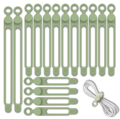 16 Stycken Silikon Kabelband Återanvändbara, justerbara silikon multifunktionella kabelband, Lättvikt & Miljövänliga, för Laddningskablar, Hörlurar, Datalinor (2x180mm + 10x106mm + 4x75mm / Grön)
